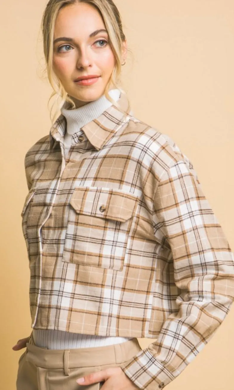 Abonea Khaki Plaid Button Front Cropped Shirt Jacket