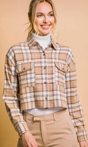 Abonea Khaki Plaid Button Front Cropped Shirt Jacket