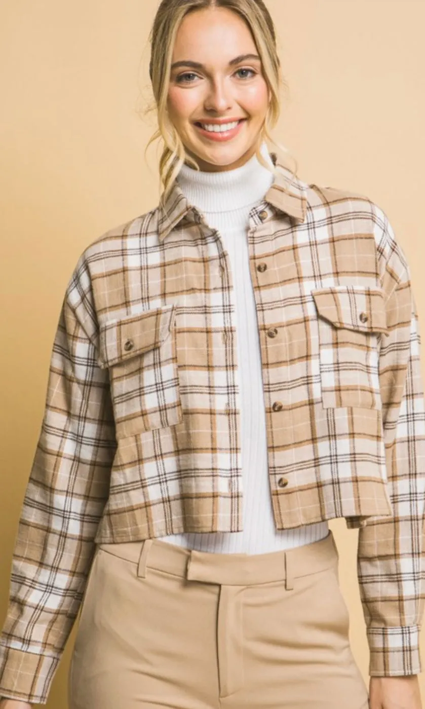Abonea Khaki Plaid Button Front Cropped Shirt Jacket