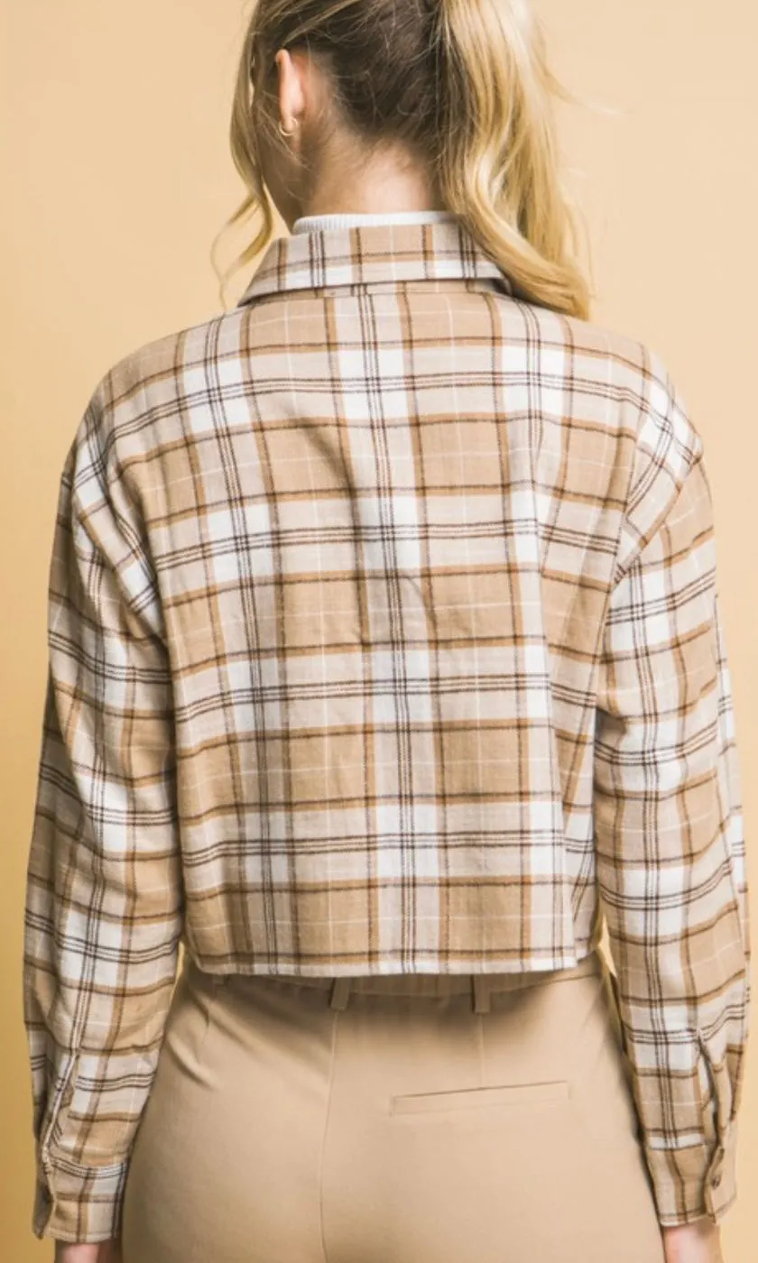 Abonea Khaki Plaid Button Front Cropped Shirt Jacket