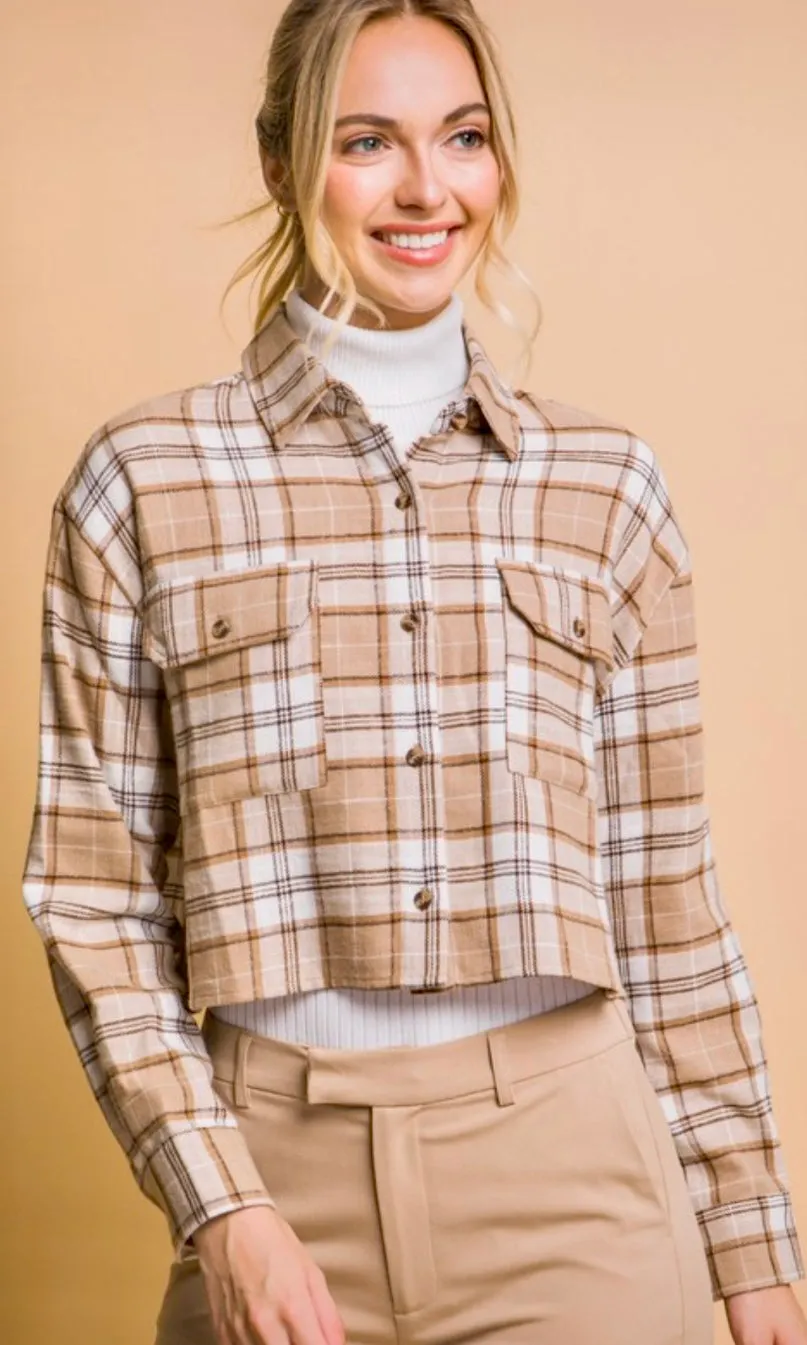 Abonea Khaki Plaid Button Front Cropped Shirt Jacket