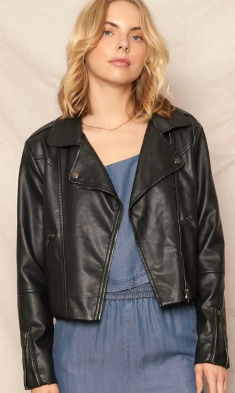 Adly Black Faux Leather Moto Biker Jacket