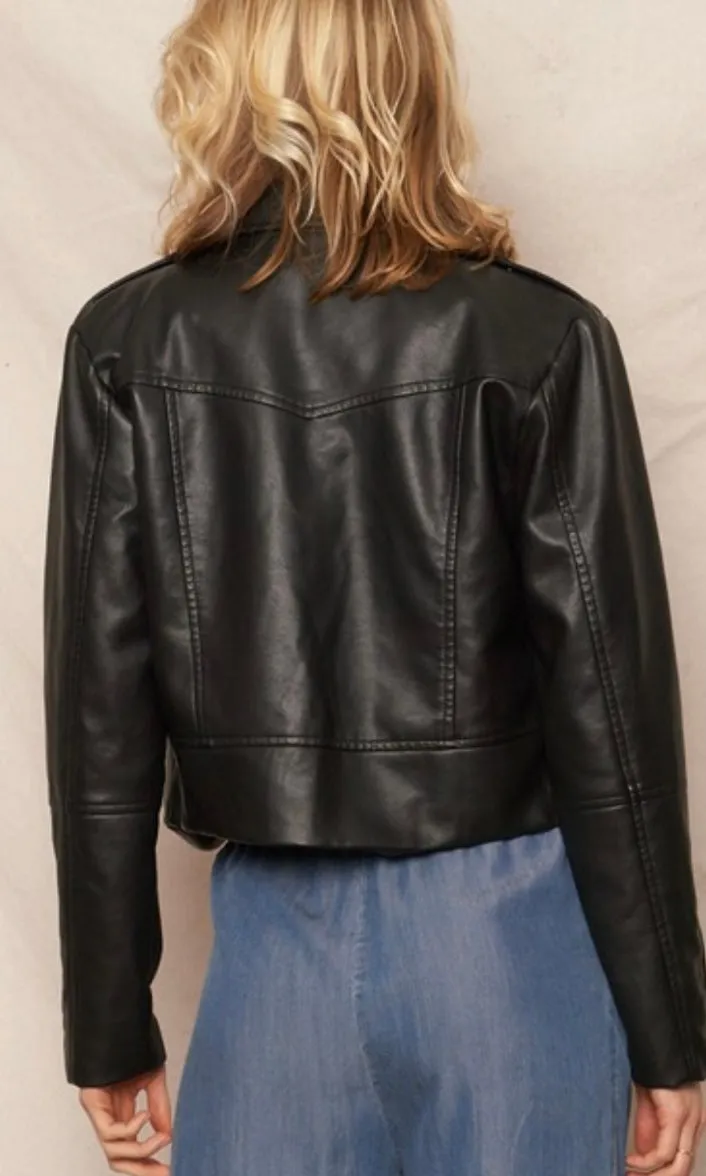 Adly Black Faux Leather Moto Biker Jacket