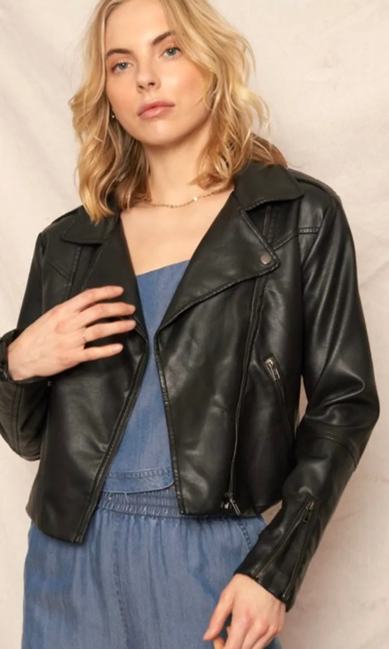 Adly Black Faux Leather Moto Biker Jacket