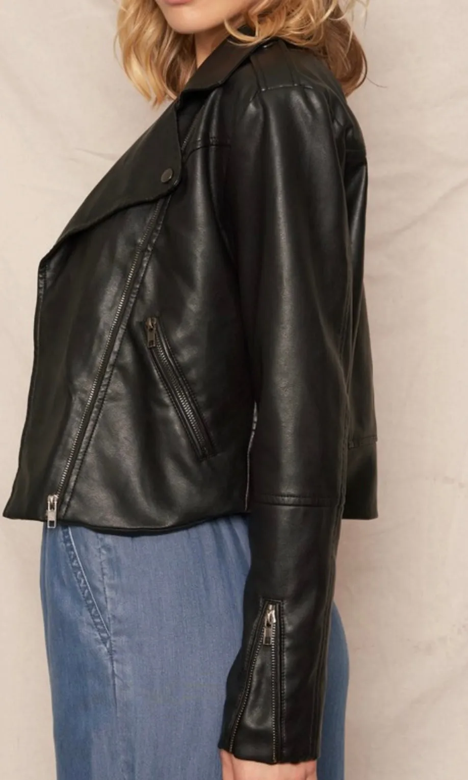 Adly Black Faux Leather Moto Biker Jacket