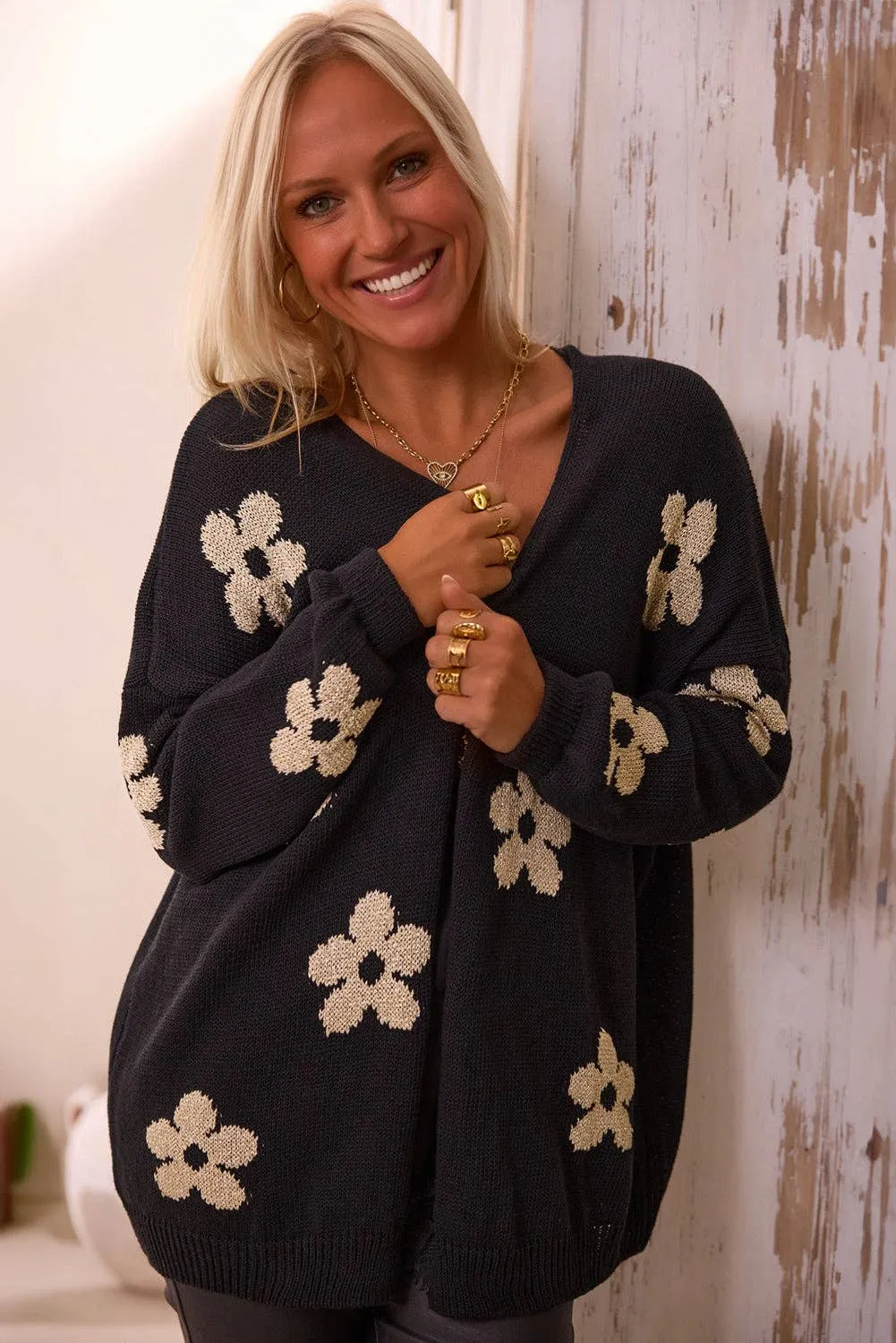 Alana Flower Drop Shoulder Cardigan
