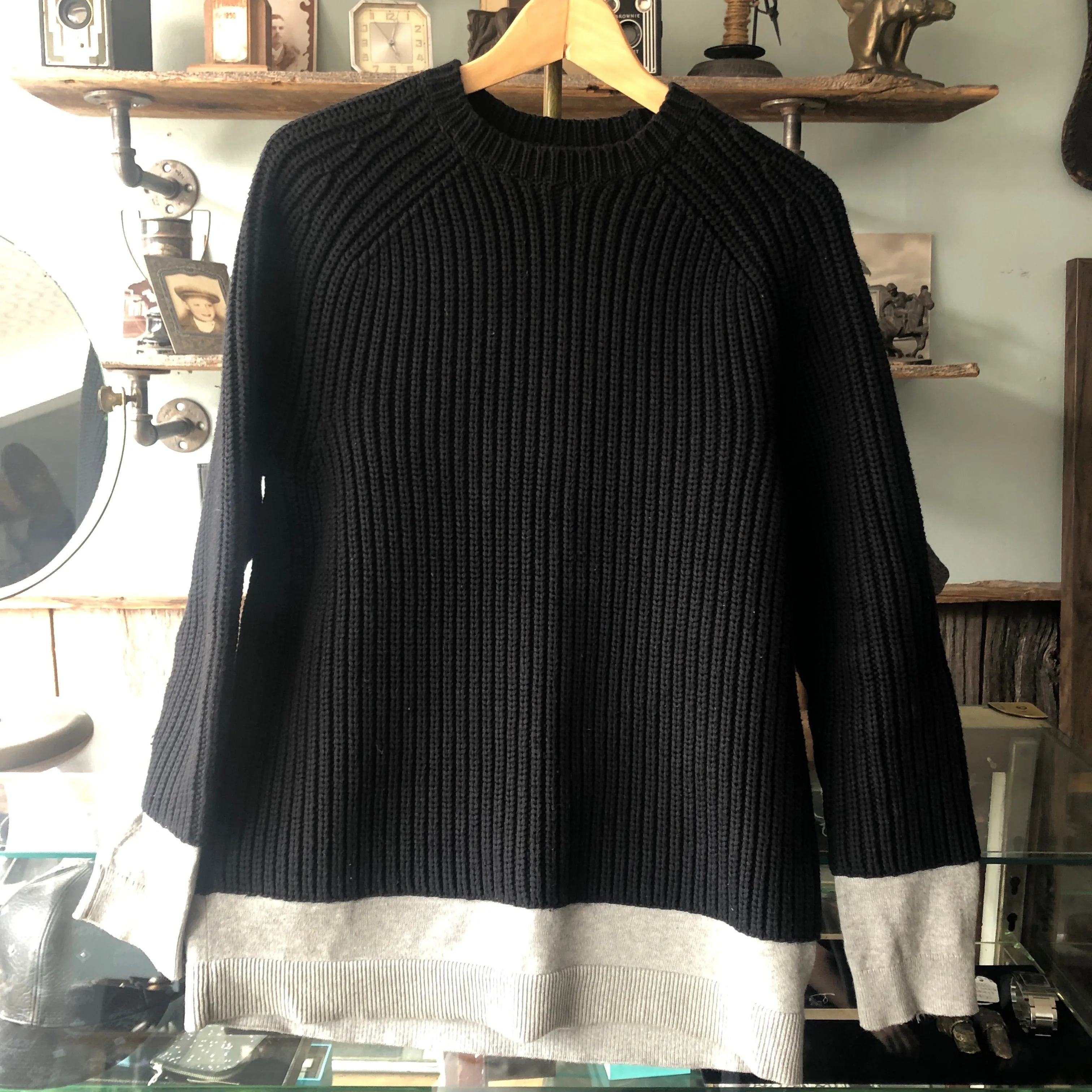 Alexander Wang Black Chunky Knit Sweater with Grey Inset - S