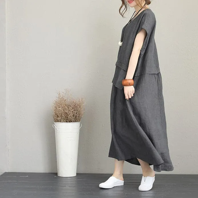 baggy gray linen maxi dress plus size clothing v neck linen clothing dresses fine two big pockets gown