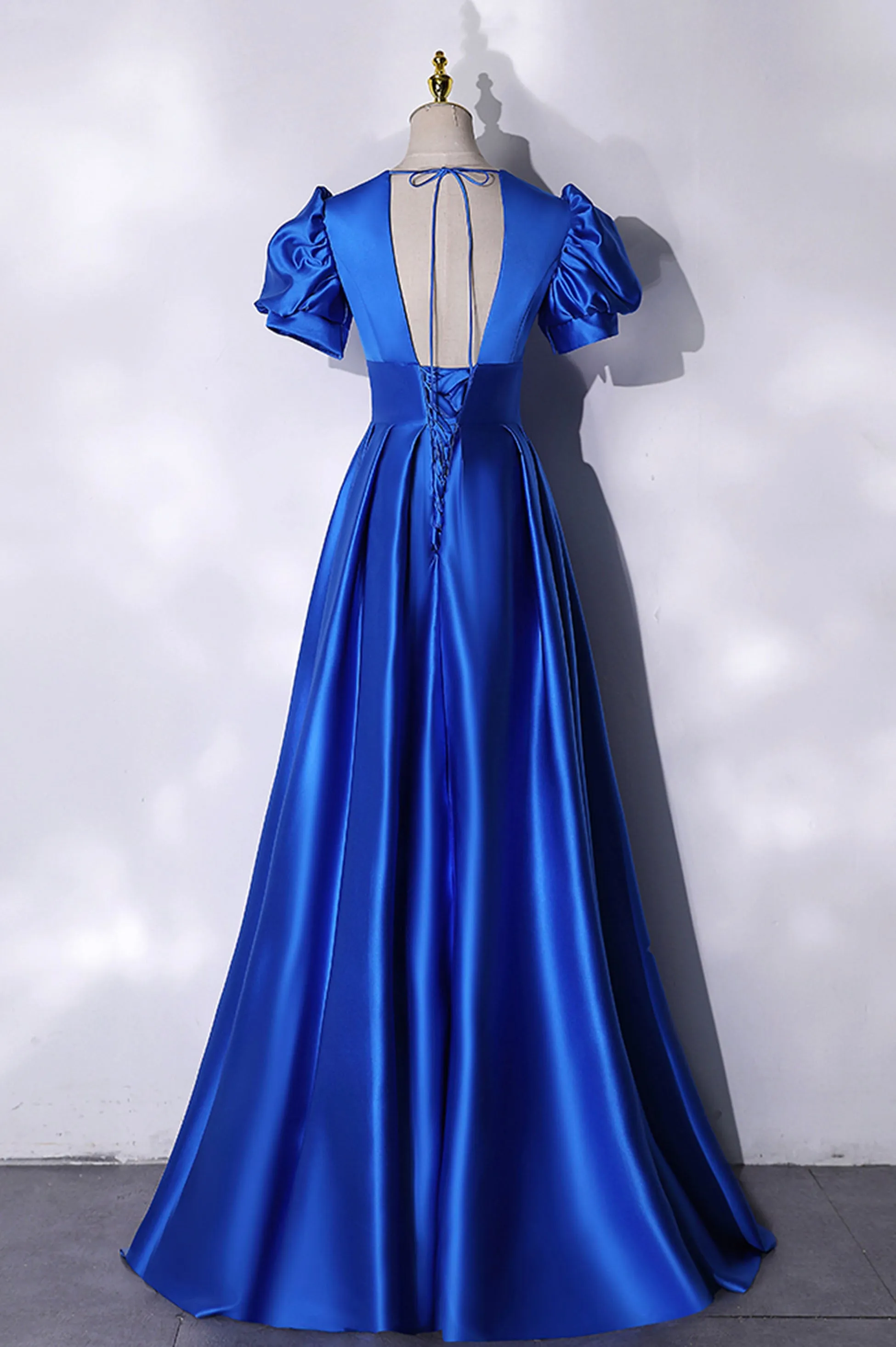 Blue V-Neck Satin Long Prom Dress, Elegant A-Line Evening Party Dress