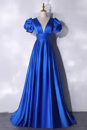 Blue V-Neck Satin Long Prom Dress, Elegant A-Line Evening Party Dress