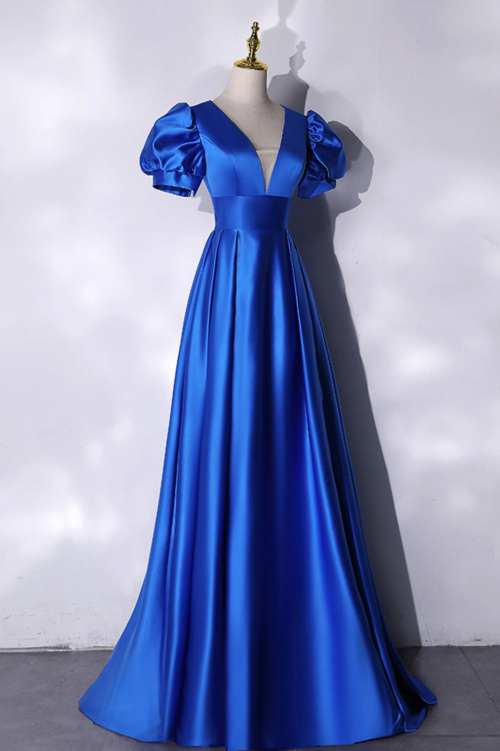 Blue V-Neck Satin Long Prom Dress, Elegant A-Line Evening Party Dress