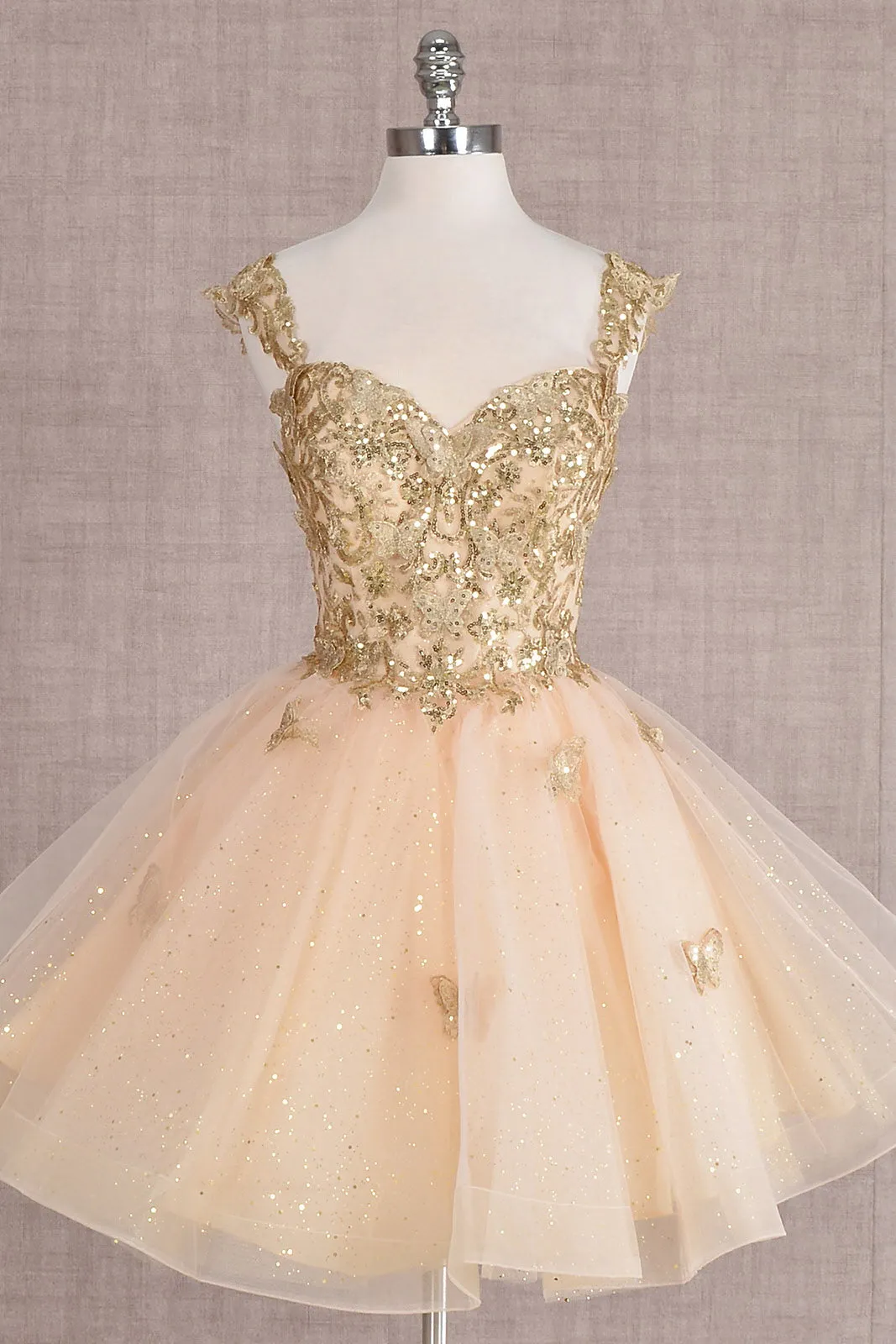 Butterfly Applique Sequin Mesh Babydoll w/ Sheer Straps Short Homecoming Dress GLGS3186