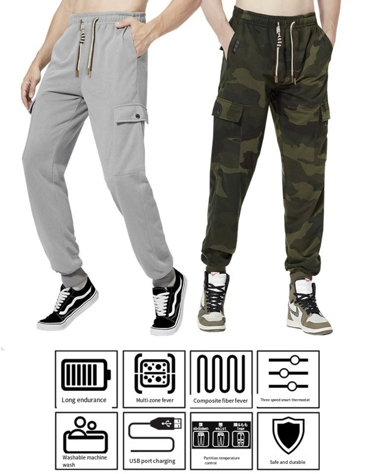 Camouflage Heated Cargo Pants With Portable Charger Multi-Pocket Outdoor Trousers for Fishing