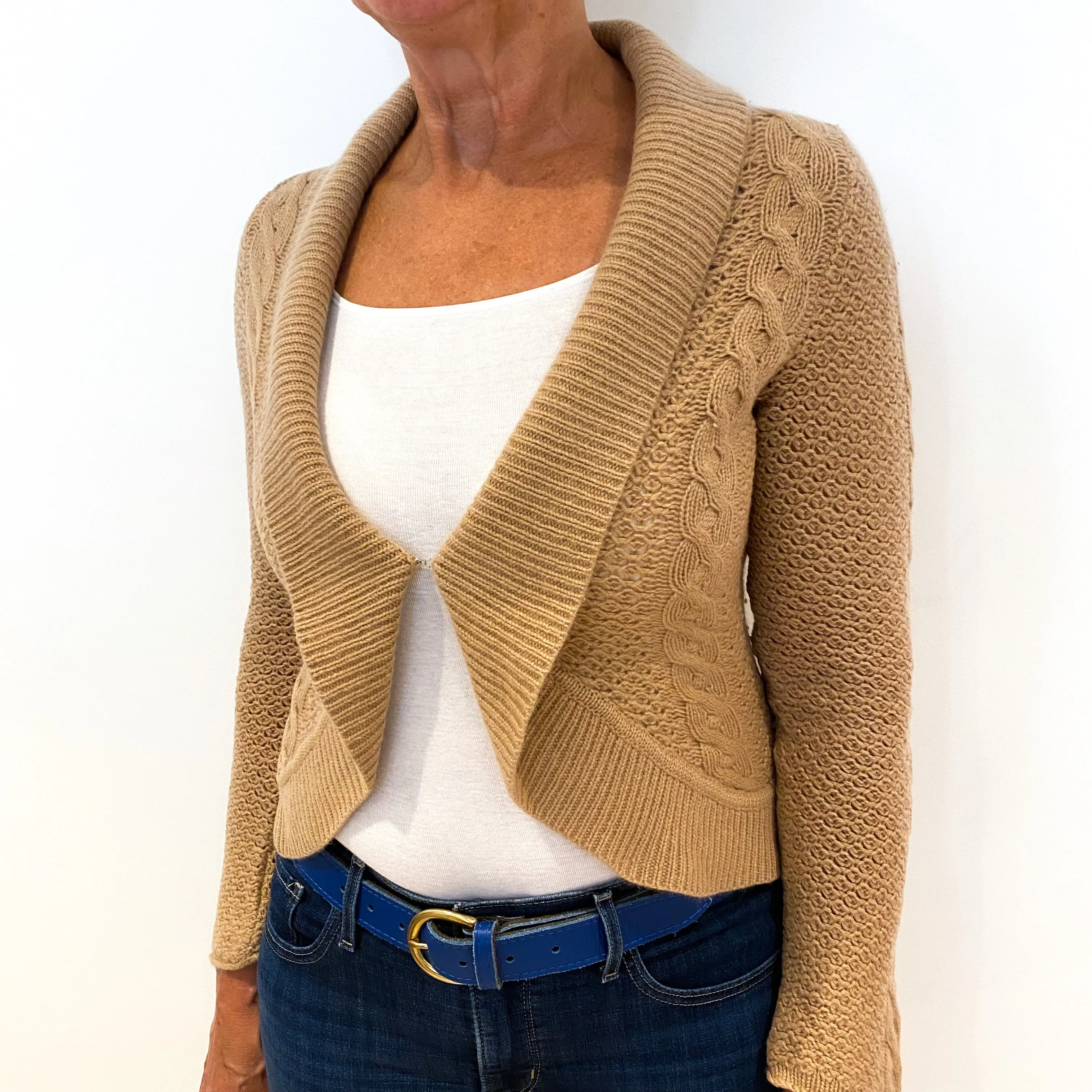 Caramel Brown Lace and Cable Knit Cashmere Cropped Cardigan Medium