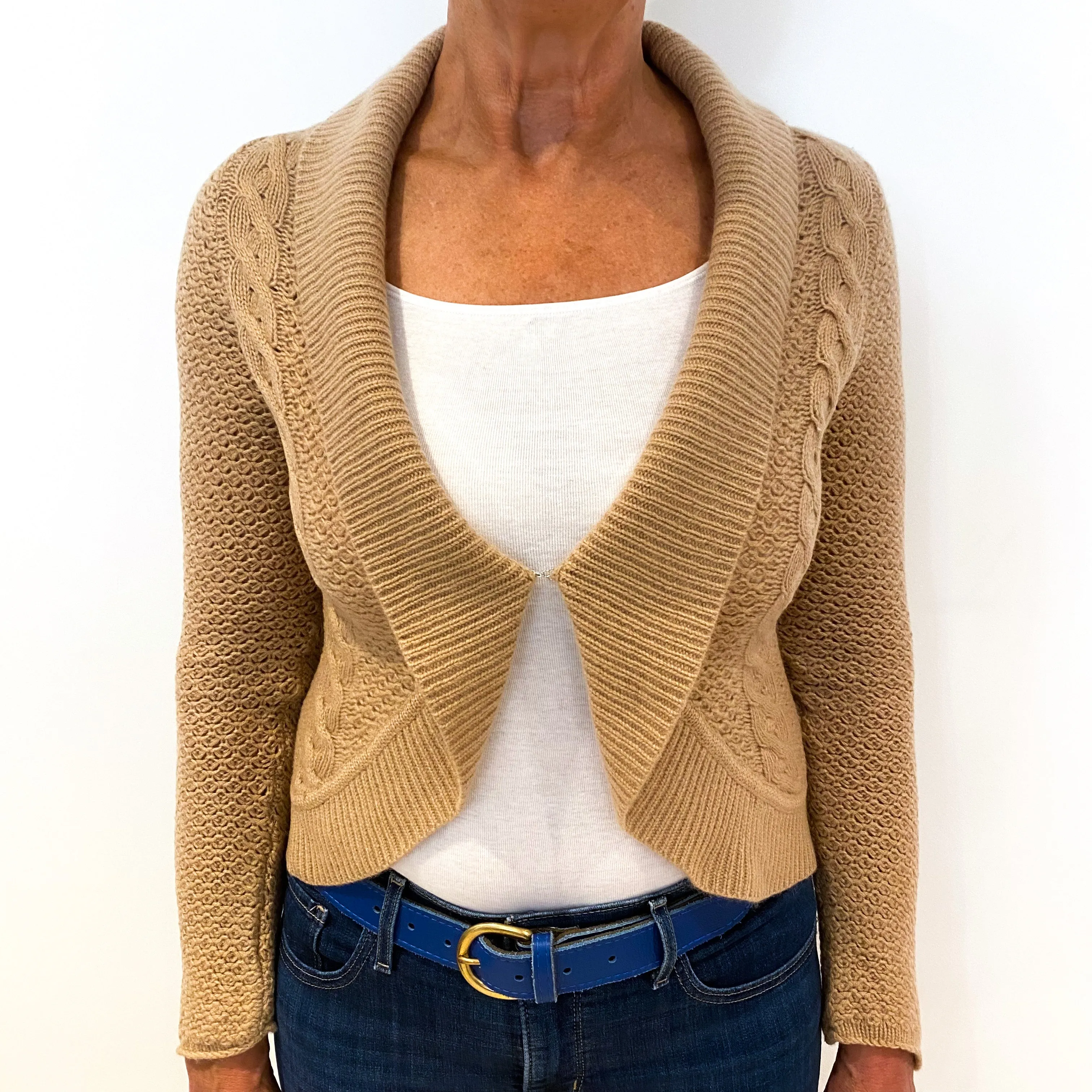 Caramel Brown Lace and Cable Knit Cashmere Cropped Cardigan Medium