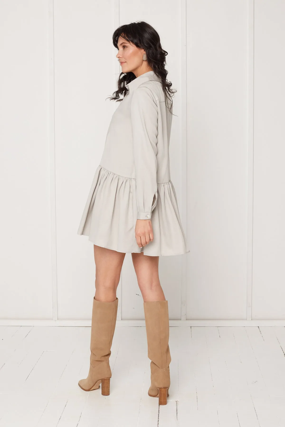 DANA tencel shirt dress with front frill in light grey