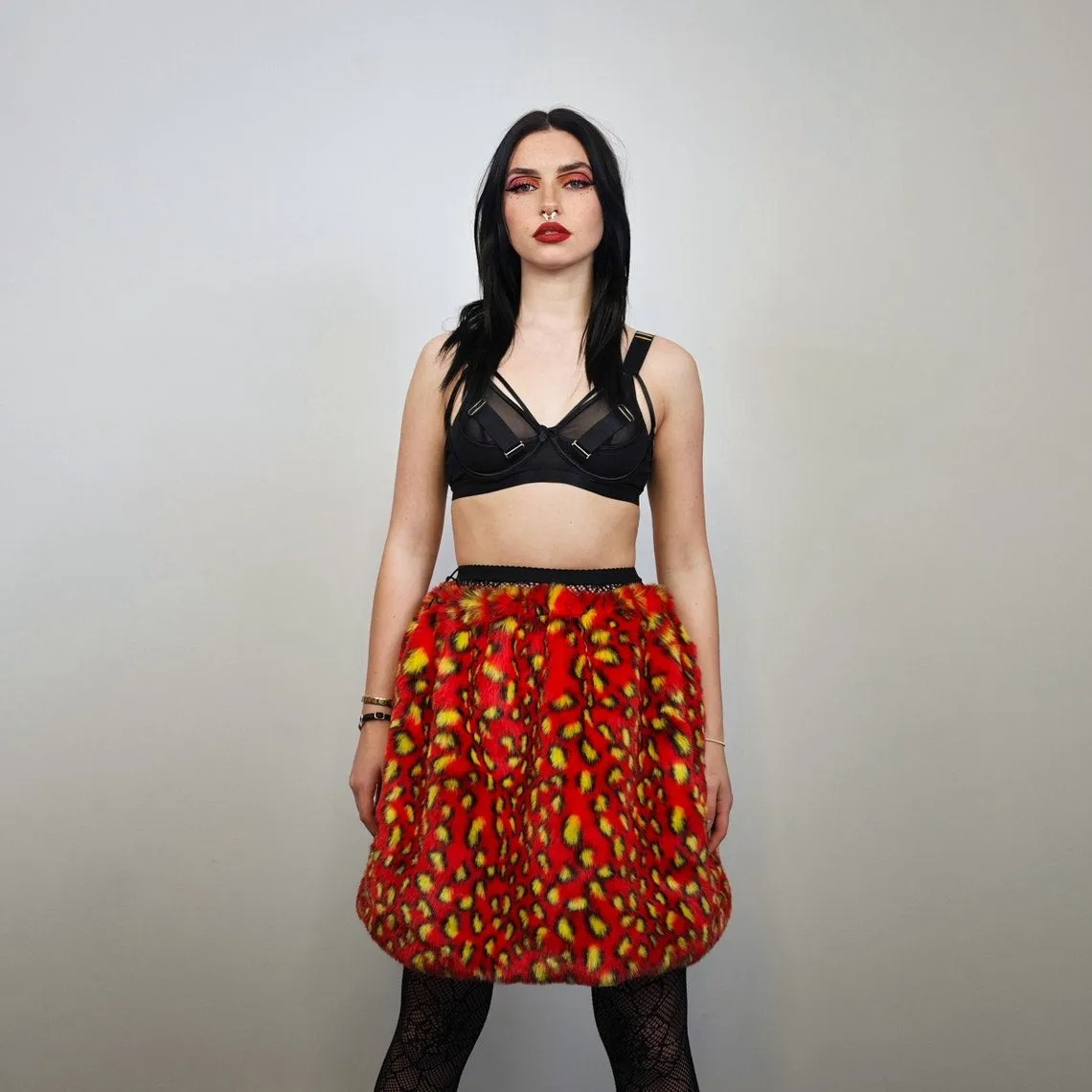 Faux fur skirt red leopard midi animal print fluffy fleece dress cheetah bottoms carnival skirt elasticated waist burning man wild cat skirt