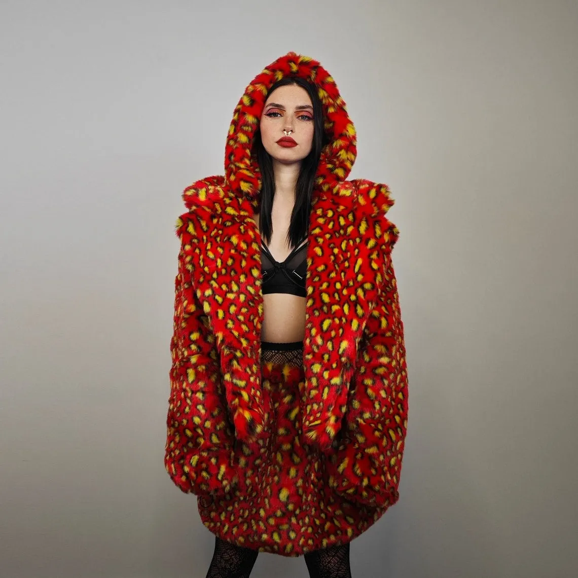 Faux fur skirt red leopard midi animal print fluffy fleece dress cheetah bottoms carnival skirt elasticated waist burning man wild cat skirt