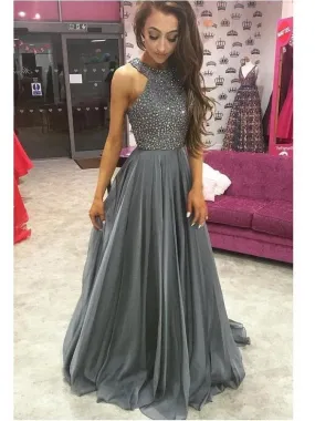 Grey Long Halter Bead Top Formal Graduation Dress