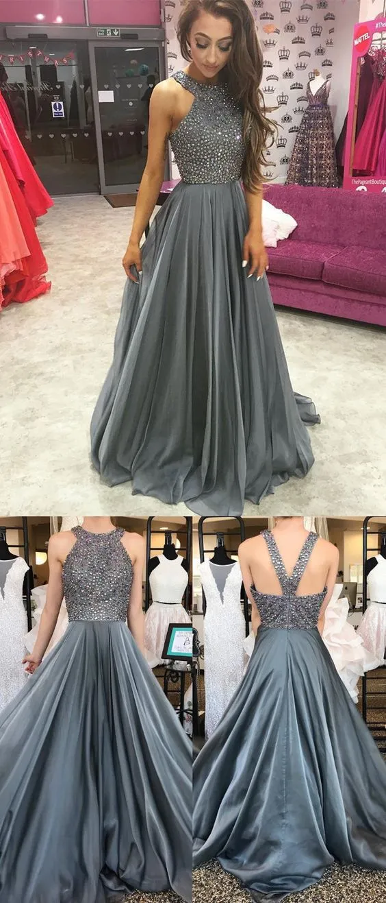 Grey Long Halter Bead Top Formal Graduation Dress
