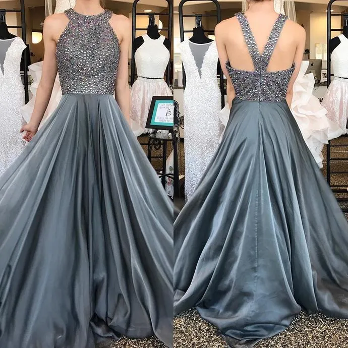 Grey Long Halter Bead Top Formal Graduation Dress