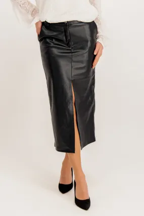 Heidi Black Faux Leather Slit Midi Skirt