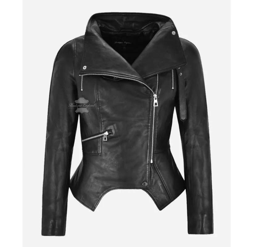 JENNIFER Black Jacket Ladies Cropped Notched Bottom Leather Jacket
