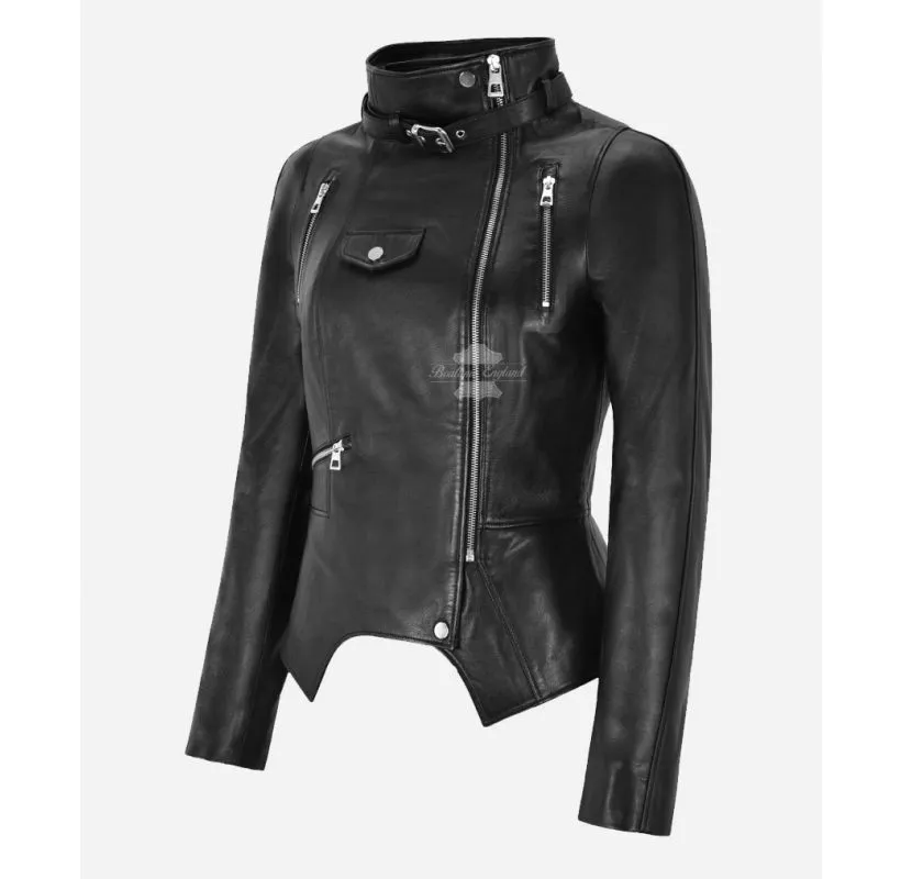 JENNIFER Black Jacket Ladies Cropped Notched Bottom Leather Jacket