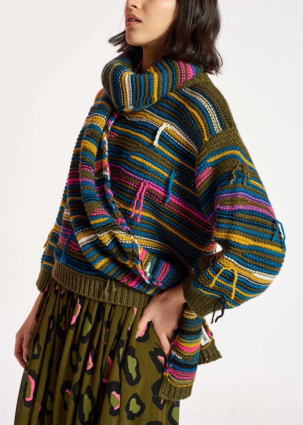 Khaki striped scarf with inside-out look