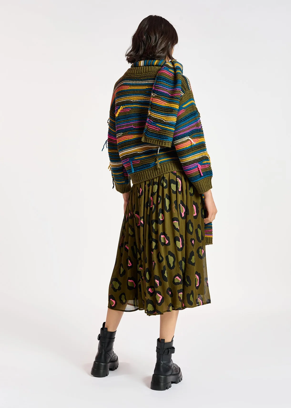Khaki striped scarf with inside-out look