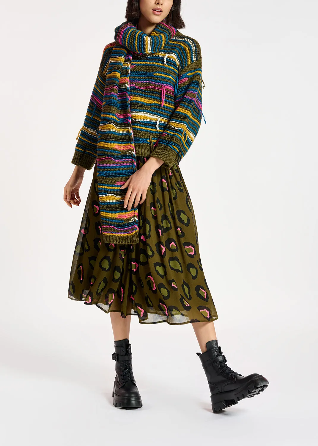 Khaki striped scarf with inside-out look