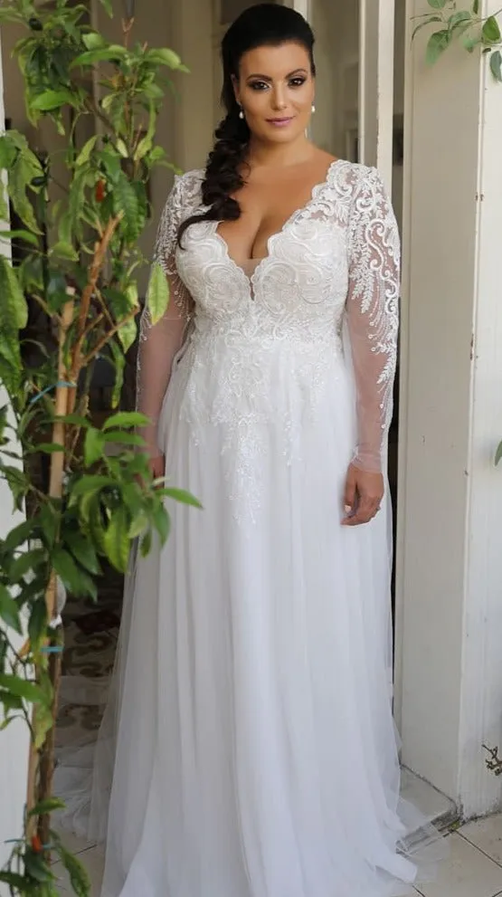 Long Sleeve Plus Size Deep V-neckline Wedding Dress