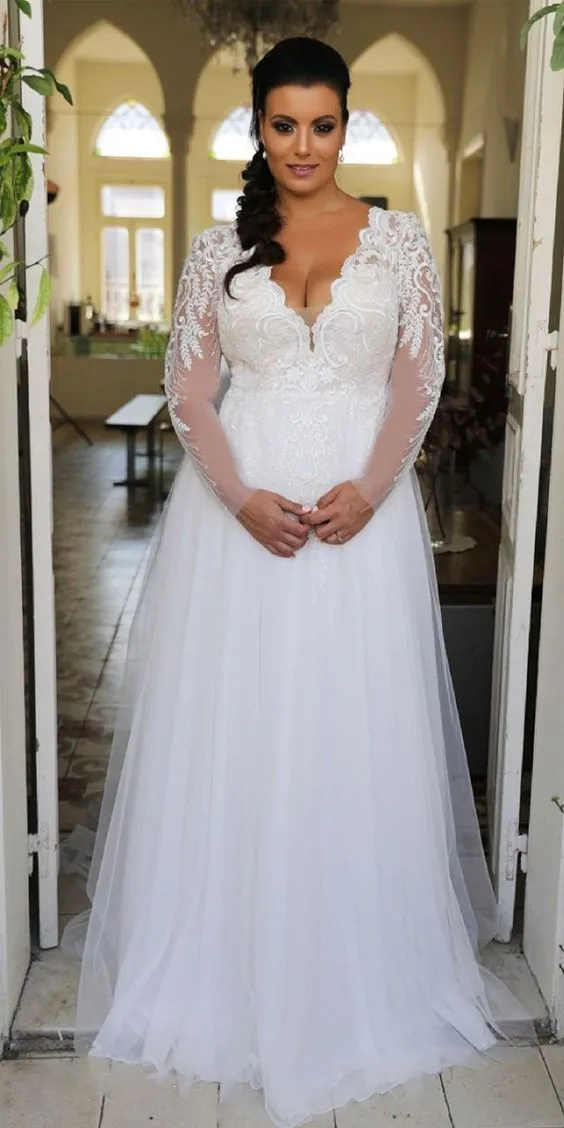 Long Sleeve Plus Size Deep V-neckline Wedding Dress