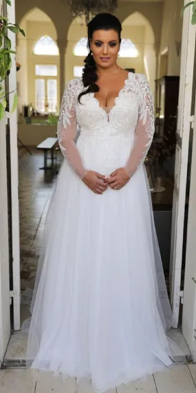 Long Sleeve Plus Size Deep V-neckline Wedding Dress