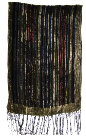 Multicoloured Stripe Patterned Devore Velvet Scarf with Gold Boarder (156 x 54cm)