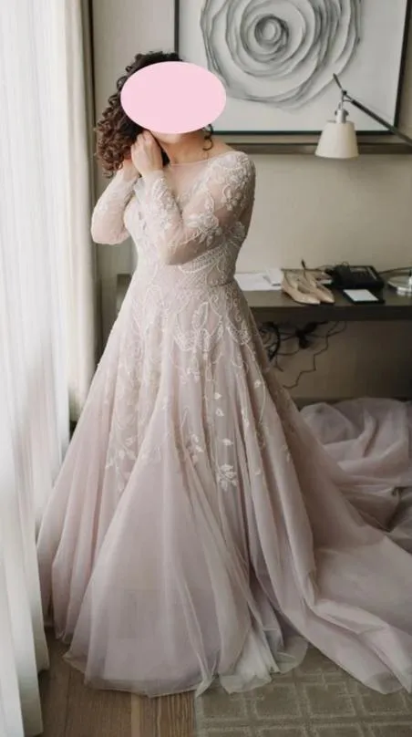 Plus Size Blush Long Sleeve Lace Wedding Dress