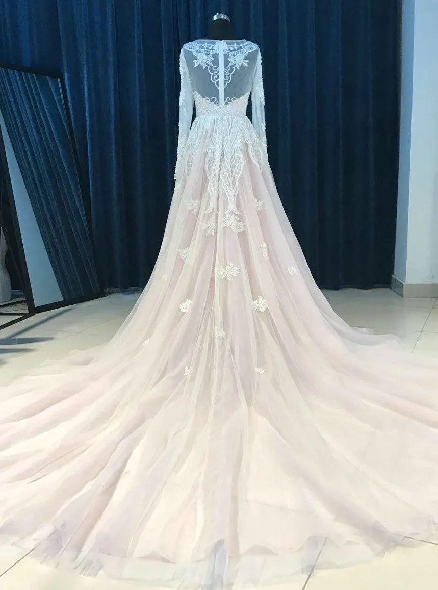 Plus Size Blush Long Sleeve Lace Wedding Dress