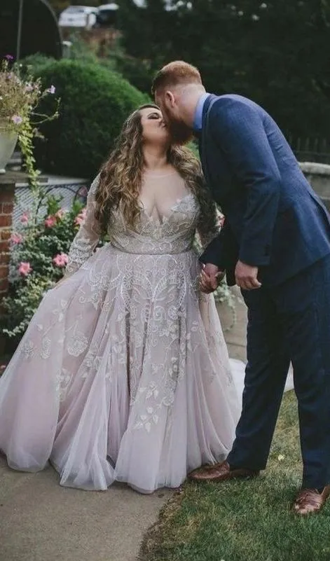 Plus Size Blush Long Sleeve Lace Wedding Dress