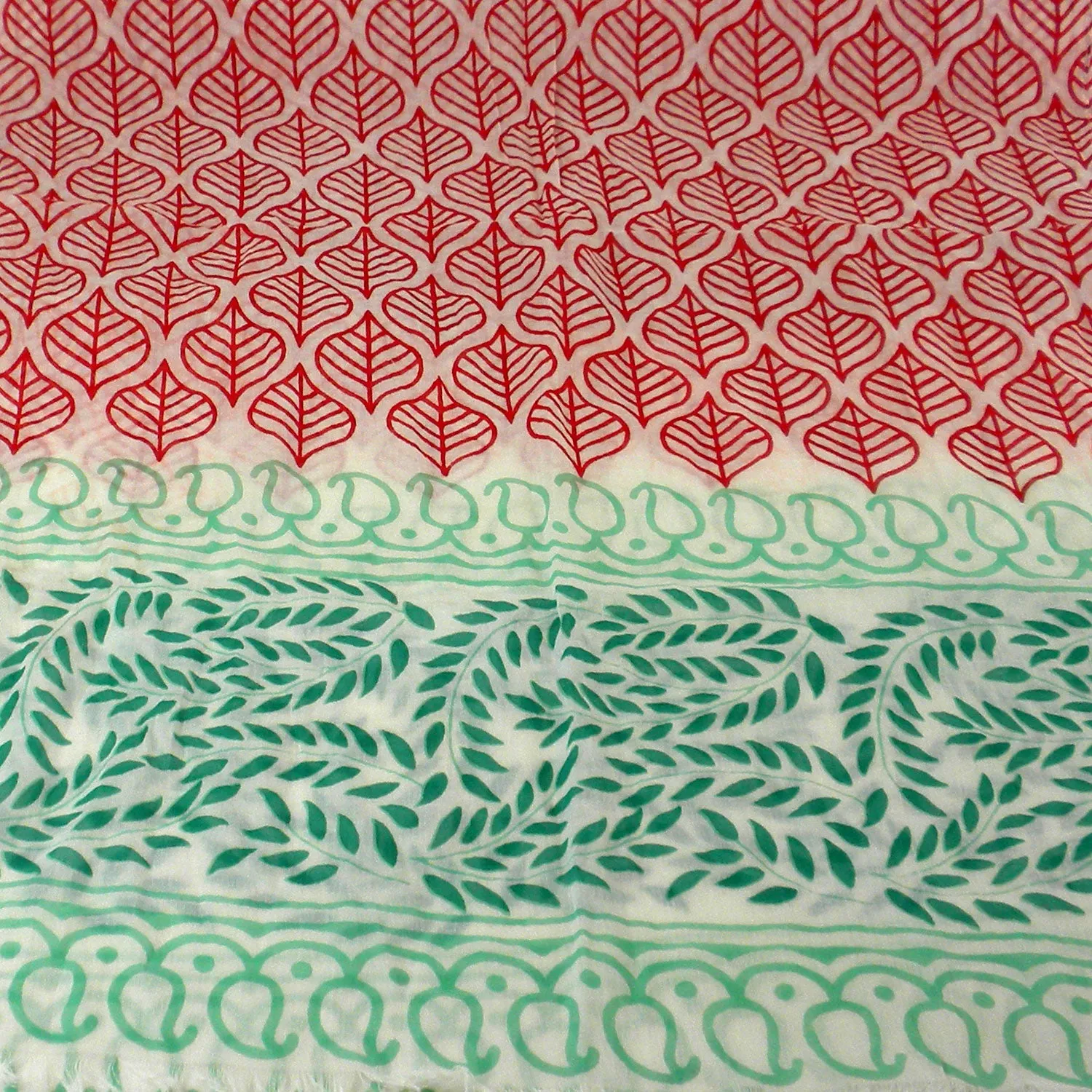 Red and Green Leaf Design Cotton Scarf Asha Handicrafts