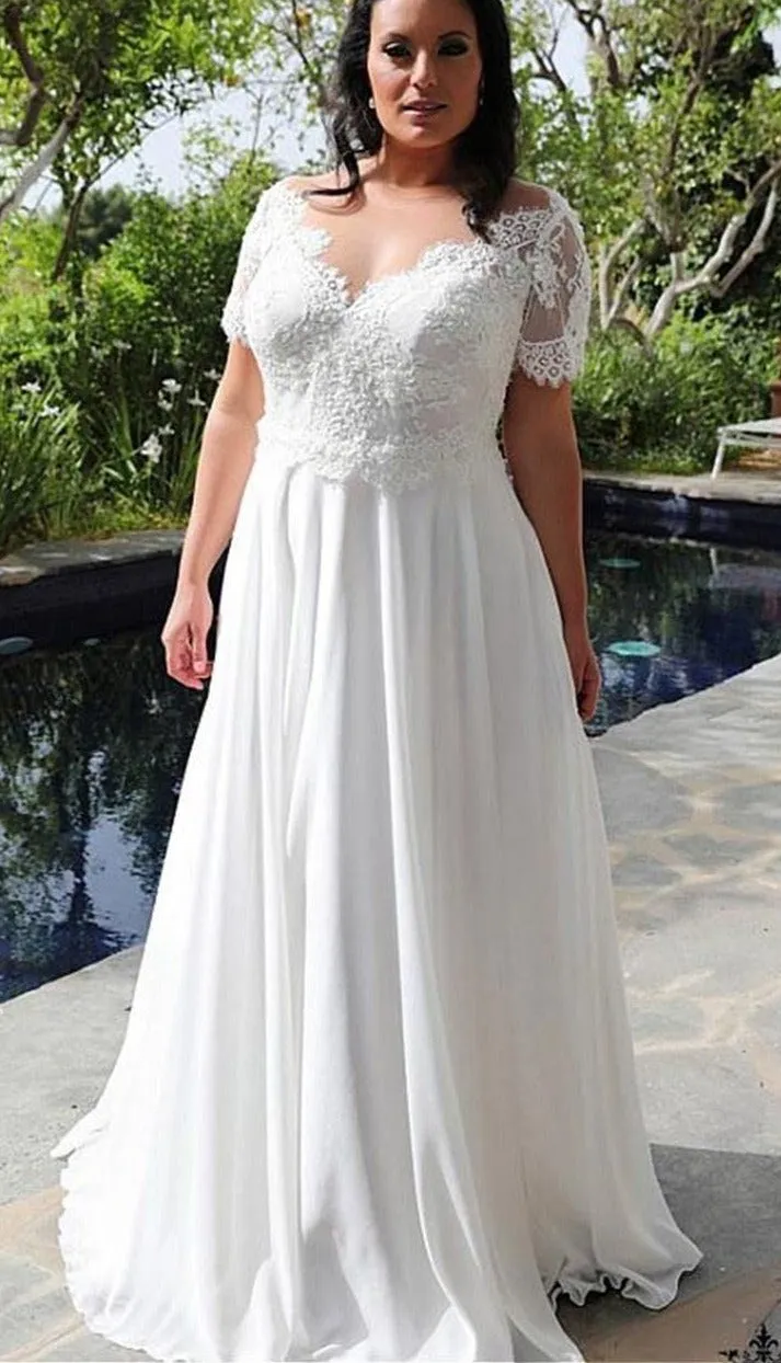 Short Sleeve Lace Plus Size Wedding Dress