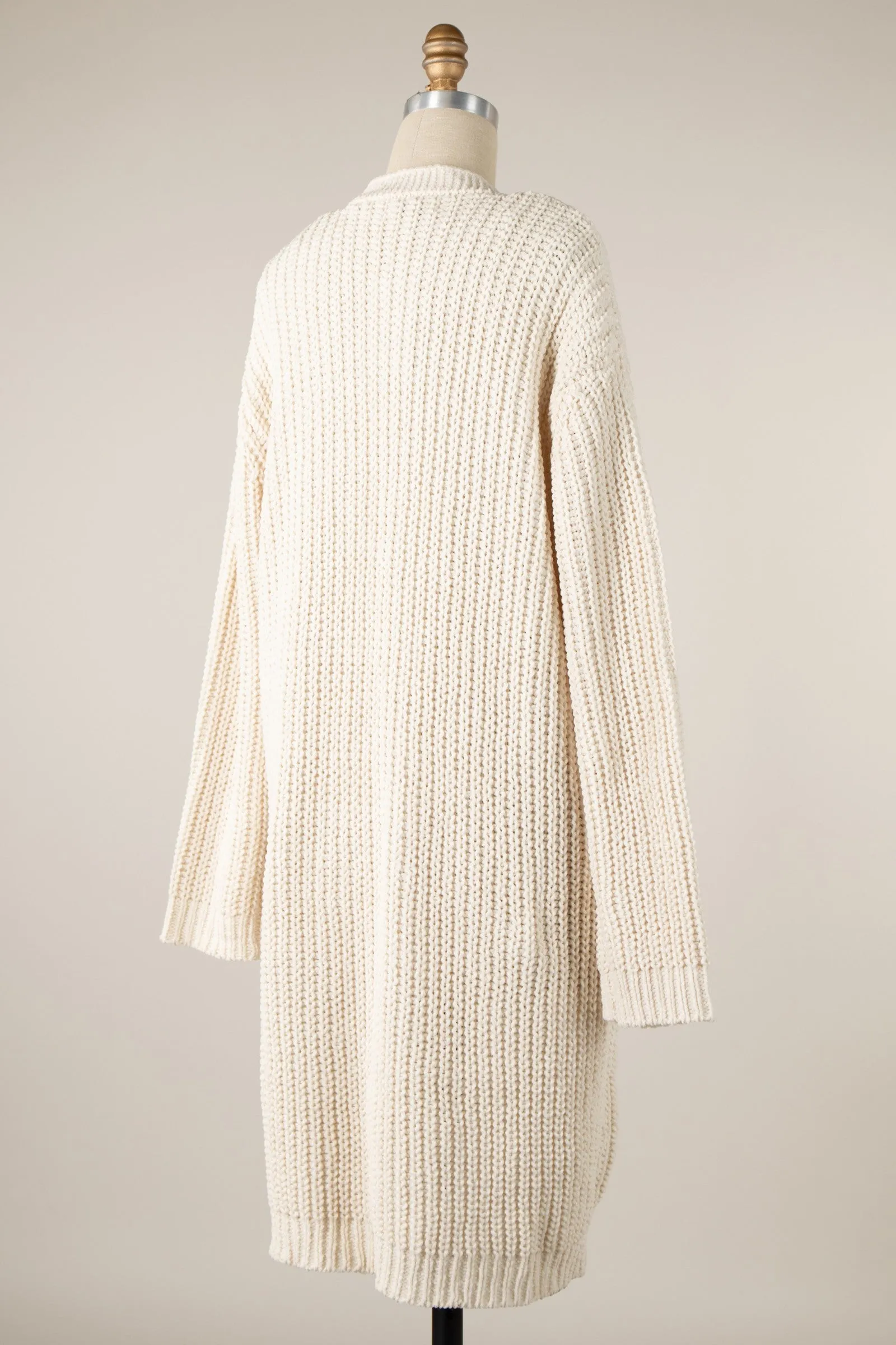 Soft Chenille Cable Knit Ribbed Hem Long Cardigan