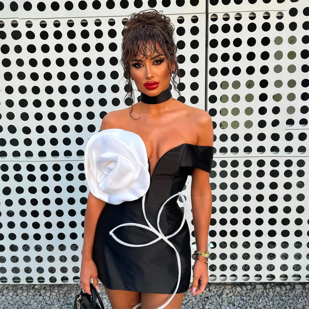 Trend4us Women's Off-Shoulder 3D Floral Appliqué Mini Dress