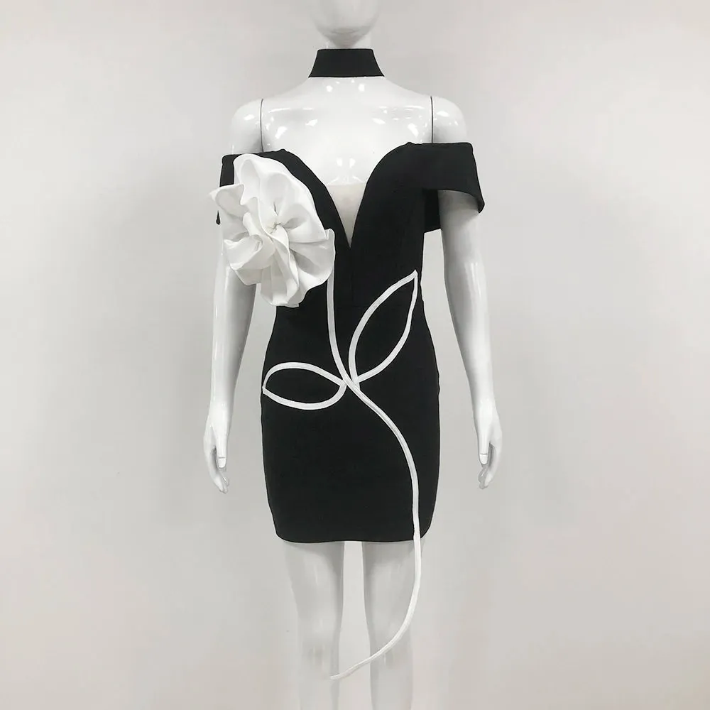 Trend4us Women's Off-Shoulder 3D Floral Appliqué Mini Dress