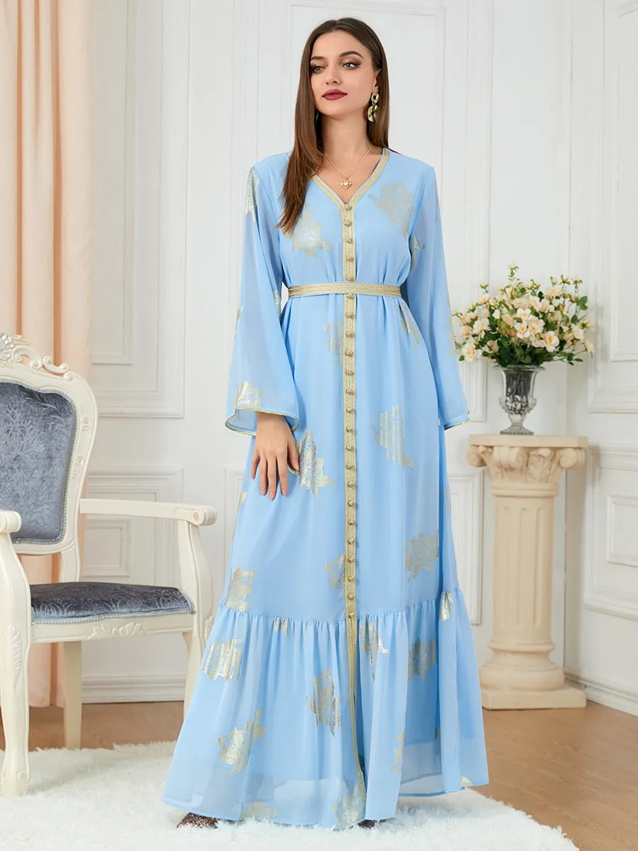 V-Neck Women's Belted Abaya Dress