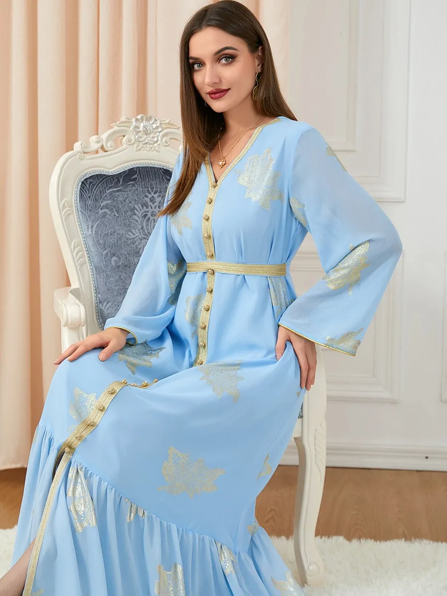 V-Neck Women's Belted Abaya Dress