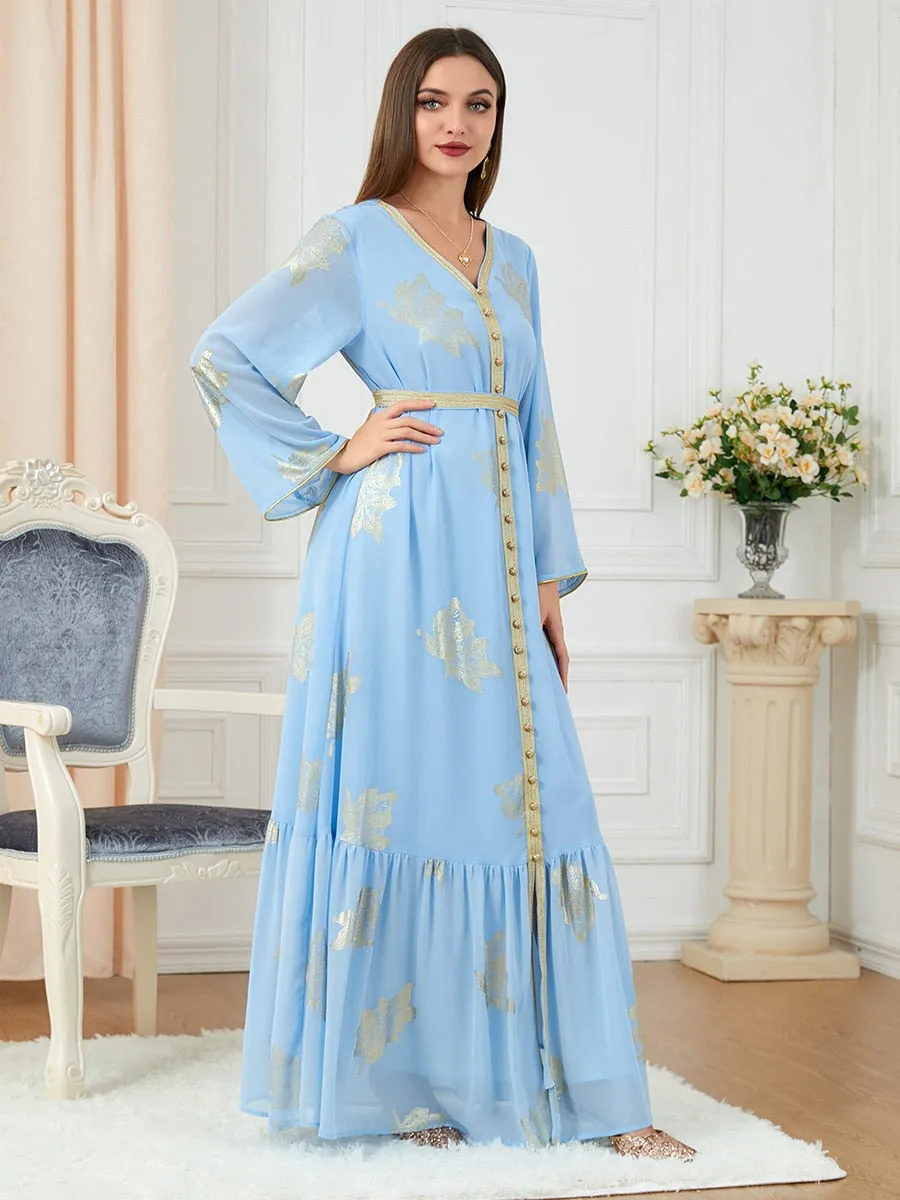 V-Neck Women's Belted Abaya Dress