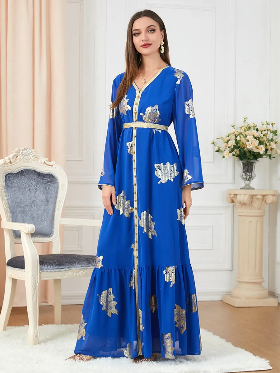 V-Neck Women's Belted Abaya Dress
