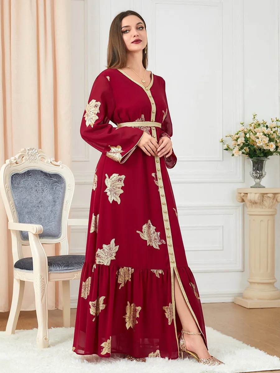 V-Neck Women's Belted Abaya Dress