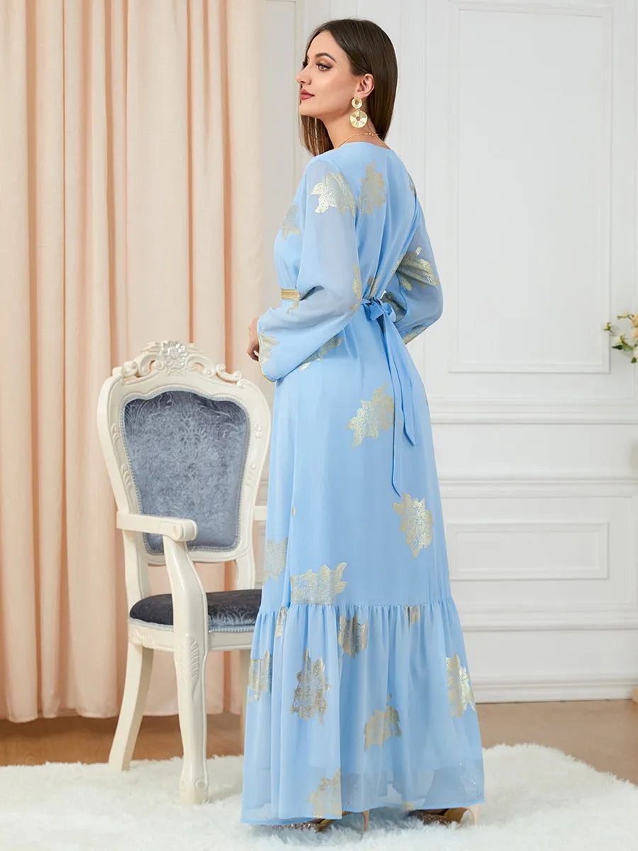 V-Neck Women's Belted Abaya Dress