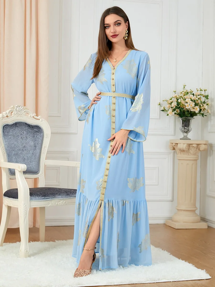 V-Neck Women's Belted Abaya Dress